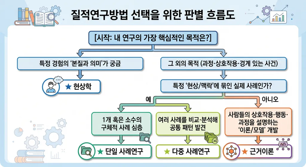 질적연구방법 선택, 근거이론·현상학·사례연구 중 내 주제엔 뭐가 맞을까요? 6개 질문 판별 흐름도만 따라오세요! 2 질적연구방법 선택, 근거이론·현상학·사례연구 중 내 주제엔 뭐가 맞을까요? 6개 질문 판별 흐름도만 따라오세요!